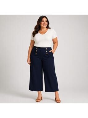 Talbots Cotton Sailor Cropped Pants Navy Gold Button Wide Leg 16 Coastal